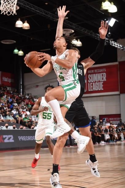 Carsen Edwards of the Boston Celtics drives to the basket against the Orlando Magic during the 2021 Las Vegas Summer League on August 12, 2021 at the...