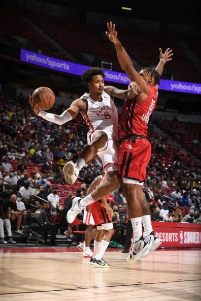 Jalen Adams of the Toronto Raptors looks to pass the ball against the Houston Rockets during the 2021 Las Vegas Summer League on August 12, 2021 at...