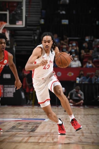 Dalano Banton of the Toronto Raptors dribbles the ball against the Houston Rockets during the 2021 Las Vegas Summer League on August 12, 2021 at the...