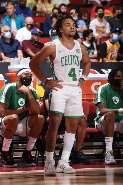 Carsen Edwards of the Boston Celtics looks on during the game against the Orlando Magic during the 2021 Las Vegas Summer League on August 12, 2021 at...
