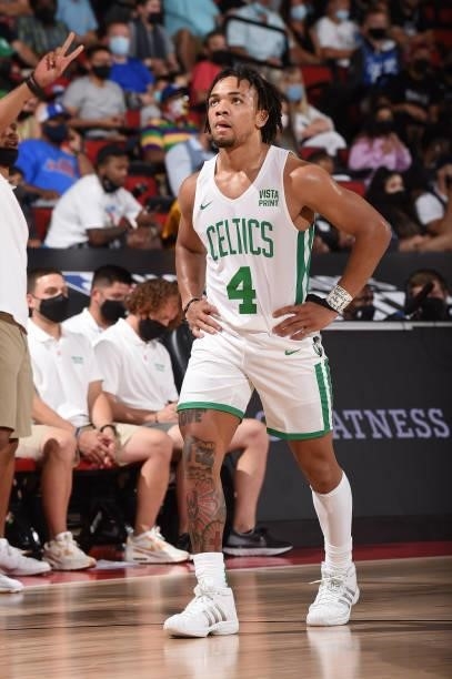 Carsen Edwards of the Boston Celtics looks on during the game against the Orlando Magic during the 2021 Las Vegas Summer League on August 12, 2021 at...