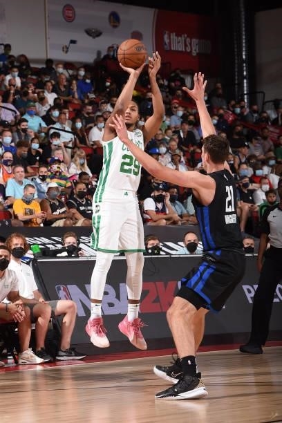Juhann Begarin of the Boston Celtics shoots a 3-pointer against the Orlando Magic during the 2021 Las Vegas Summer League on August 12, 2021 at the...
