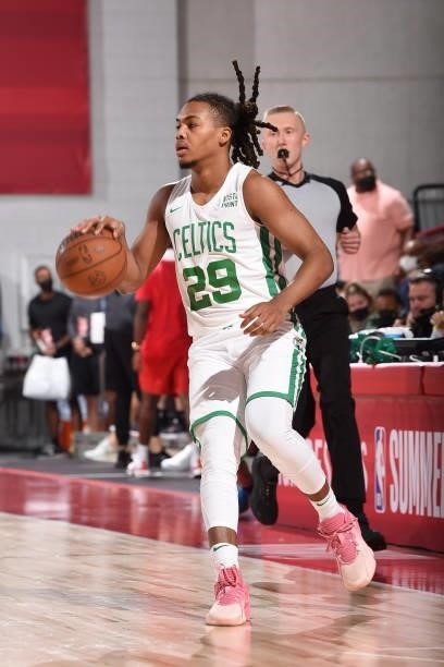 Juhann Begarin of the Boston Celtics handles the ball against the Orlando Magic during the 2021 Las Vegas Summer League on August 12, 2021 at the Cox...