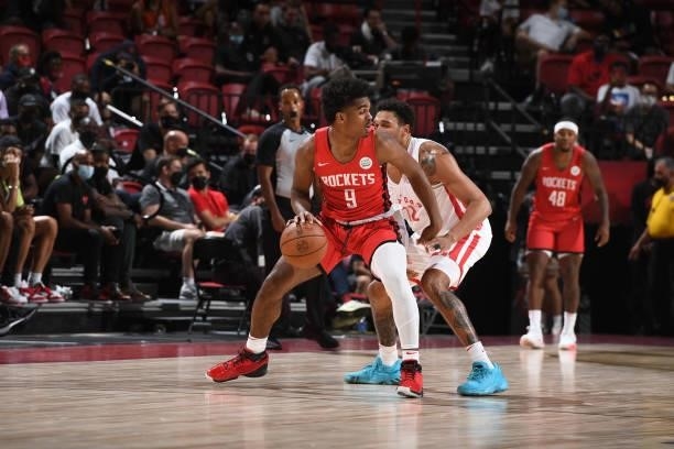 Josh Christopher of the Houston Rockets handles the ball against the Toronto Raptors during the 2021 Las Vegas Summer League on August 12, 2021 at...