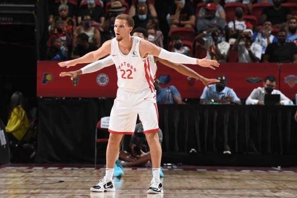 Malachi Flynn of the Toronto Raptors plays defense against the Houston Rockets during the 2021 Las Vegas Summer League on August 12, 2021 at the...