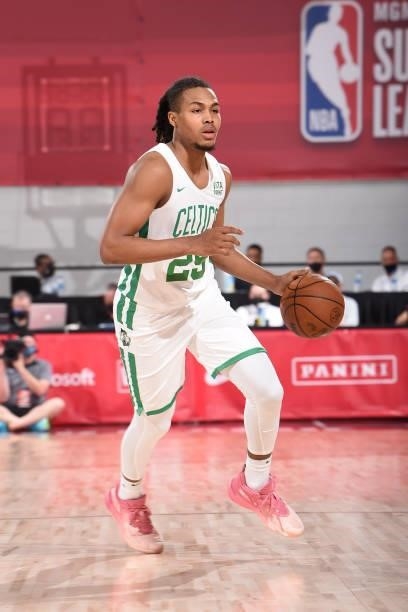 Juhann Begarin of the Boston Celtics handles the ball during the 2021 Las Vegas Summer League on August 12, 2021 at the Cox Pavilion in Las Vegas,...