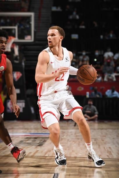 Malachi Flynn of the Toronto Raptors handles the ball against the Houston Rockets during the 2021 Las Vegas Summer League on August 12, 2021 at the...