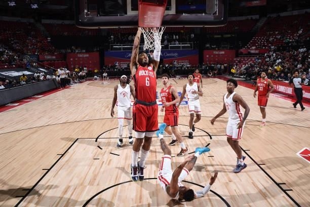 Kenyon Martin Jr. #6 of the Houston Rockets dunks the ball against the Toronto Raptors during the 2021 Las Vegas Summer League on August 12, 2021 at...