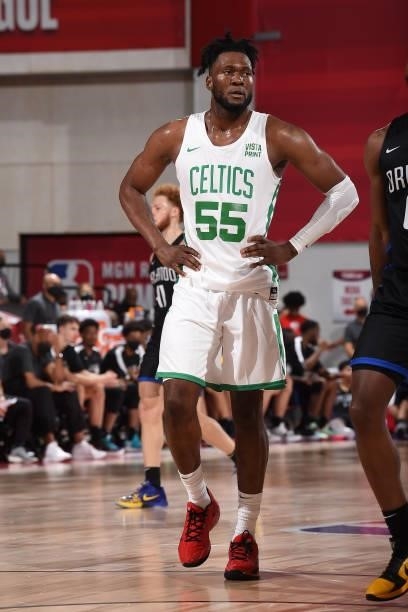 Bruno Fernando of the Boston Celtics looks on during the game against the Orlando Magic during the 2021 Las Vegas Summer League on August 12, 2021 at...