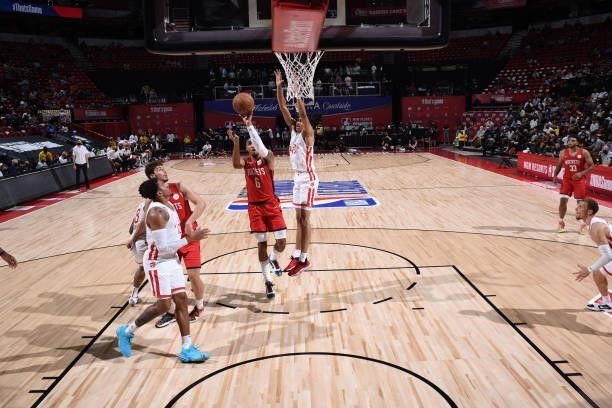 Kenyon Martin Jr. #6 of the Houston Rockets shoots the ball against the Toronto Raptors during the 2021 Las Vegas Summer League on August 12, 2021 at...