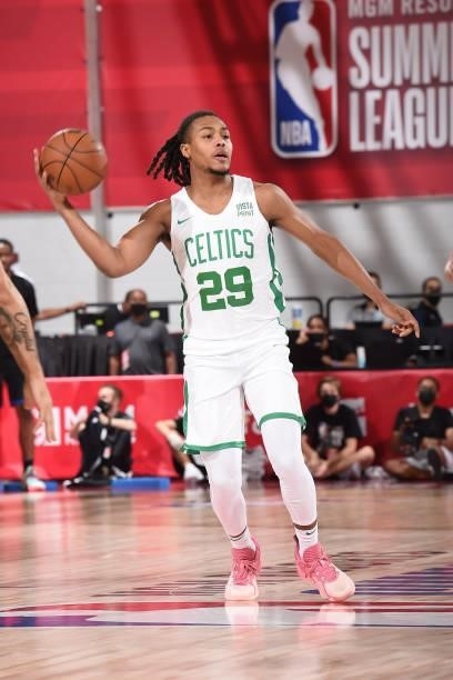 Juhann Begarin of the Boston Celtics looks to pass the ball against the Orlando Magic during the 2021 Las Vegas Summer League on August 12, 2021 at...