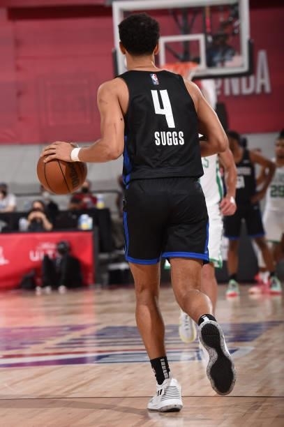 Jalen Suggs of the Orlando Magic handles the ball against the Boston Celtics during the 2021 Las Vegas Summer League on August 12, 2021 at the Cox...