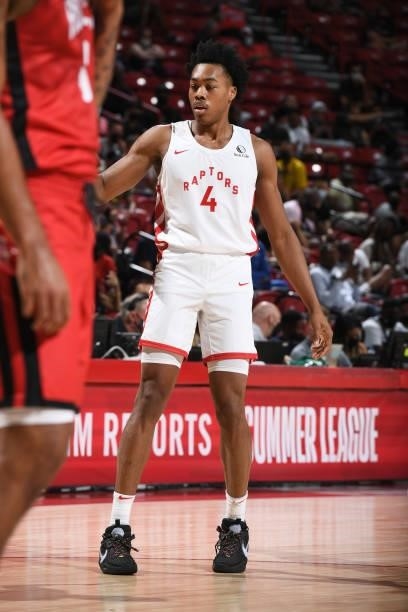 Scottie Barnes of the Toronto Raptors looks on during the game against the Houston Rockets during the 2021 Las Vegas Summer League on August 12, 2021...