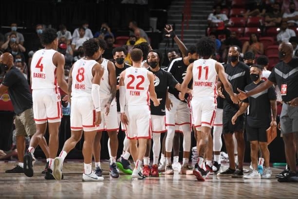 The Toronto Raptors high five during the game against the Houston Rockets during the 2021 Las Vegas Summer League on August 12, 2021 at the Thomas &...