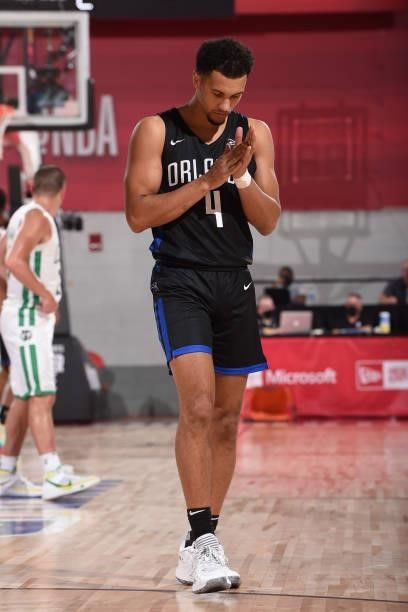Jalen Suggs of the Orlando Magic looks on during the game against the Boston Celtics during the 2021 Las Vegas Summer League on August 12, 2021 at...