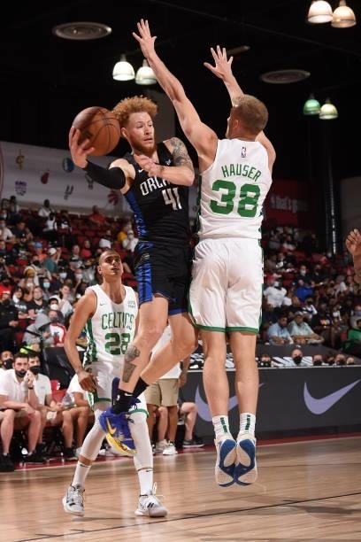 Hassani Gravett of the Orlando Magic passes the ball against the Boston Celtics during the 2021 Las Vegas Summer League on August 12, 2021 at the Cox...