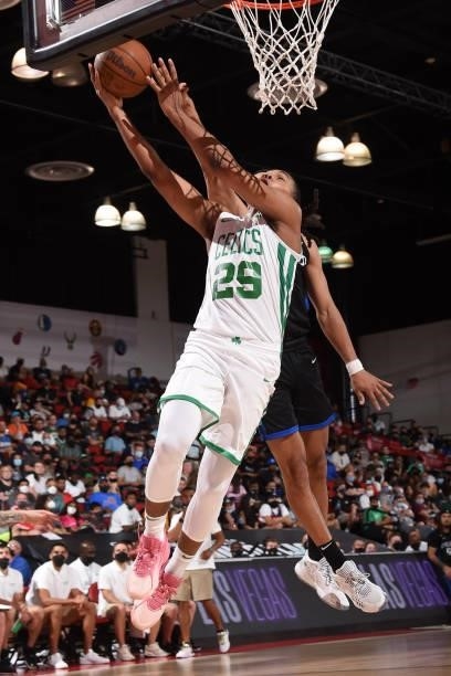 Juhann Begarin of the Boston Celtics shoots the ball against the Orlando Magic during the 2021 Las Vegas Summer League on August 12, 2021 at the Cox...