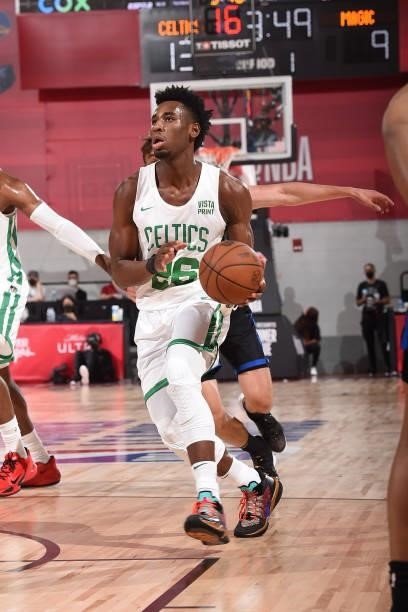Aaron Nesmith of the Boston Celtics drives to the basket against the Orlando Magic during the 2021 Las Vegas Summer League on August 12, 2021 at the...