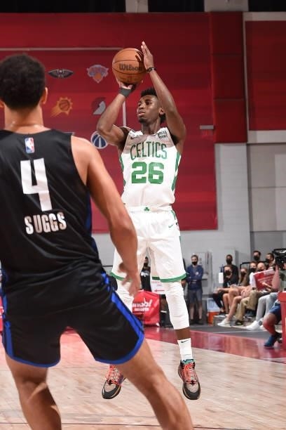 Aaron Nesmith of the Boston Celtics shoots the ball against the Orlando Magic during the 2021 Las Vegas Summer League on August 12, 2021 at the Cox...