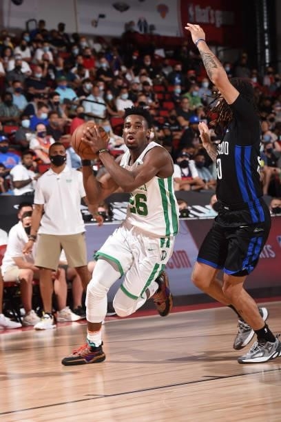Aaron Nesmith of the Boston Celtics drives to the basket against the Orlando Magic during the 2021 Las Vegas Summer League on August 12, 2021 at the...