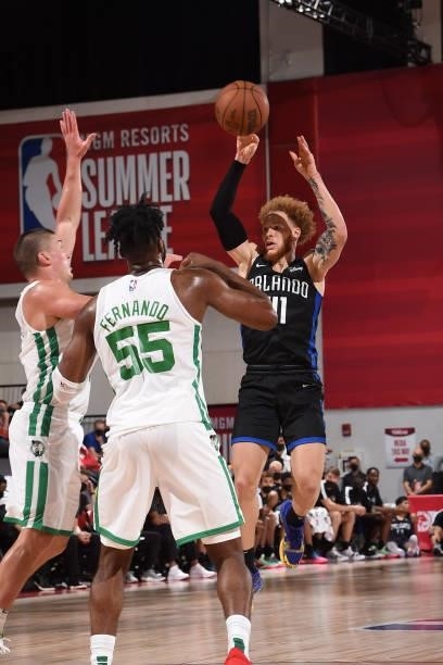 Hassani Gravett of the Orlando Magic shoots the ball against the Boston Celtics during the 2021 Las Vegas Summer League on August 12, 2021 at the Cox...