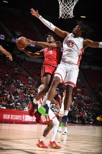 Josh Christopher of the Houston Rockets drives to the basket against the Toronto Raptors during the 2021 Las Vegas Summer League on August 12, 2021...