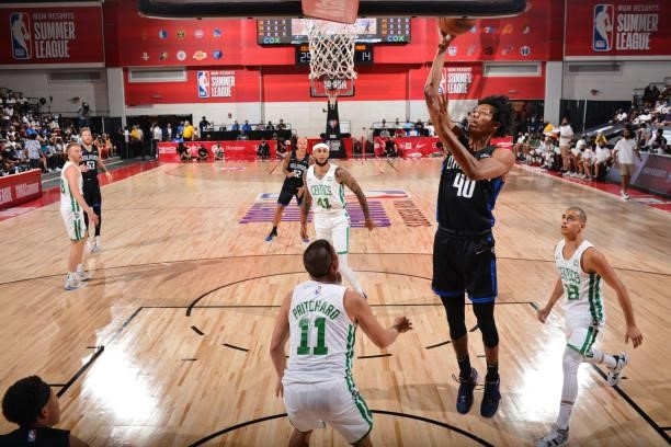 Jeff Dowtin of the Orlando Magic shoots the ball against the Boston Celtics during the 2021 Las Vegas Summer League on August 12, 2021 at the Cox...