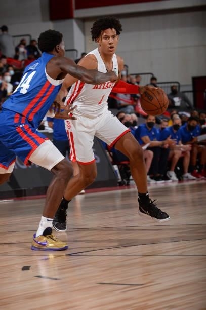Jalen Johnson of the Atlanta Hawks dribbles during the game against the Philadelphia 76ers during the 2021 Las Vegas Summer League on August 12, 2021...