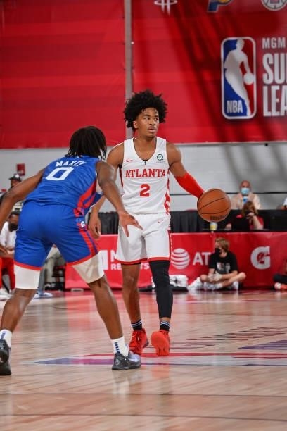 Sharife Cooper of the Atlanta Hawks dribbles during the game against the Philadelphia 76ers during the 2021 Las Vegas Summer League on August 12,...