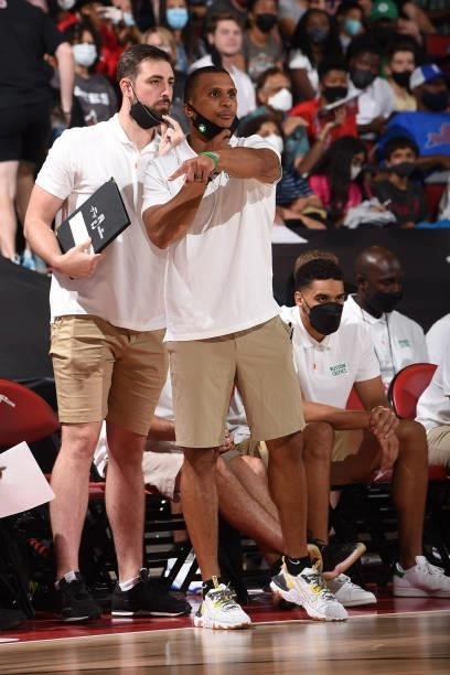 Head Coach, Joe Mazzulla of the Boston Celtics directs his players during the game against the Orlando Magic during the 2021 Las Vegas Summer League...