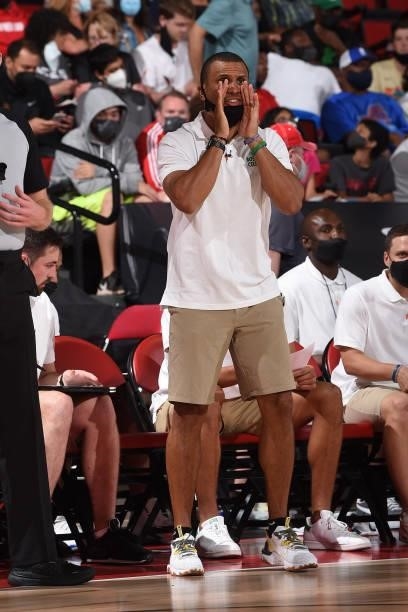 Head Coach, Joe Mazzulla of the Boston Celtics calls out to his players during the game against the Orlando Magic during the 2021 Las Vegas Summer...