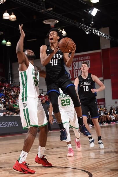 Jeff Dowtin of the Orlando Magic drives to the basket against the Boston Celtics during the 2021 Las Vegas Summer League on August 12, 2021 at the...