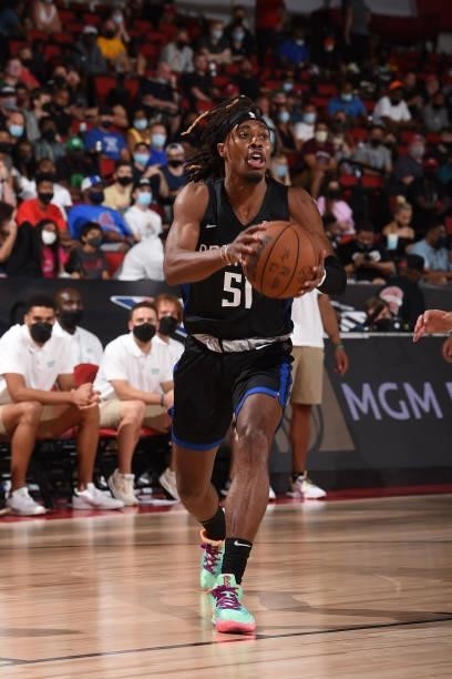 Tahjere McCall of the Orlando Magic drives to the basket against the Boston Celtics during the 2021 Las Vegas Summer League on August 12, 2021 at the...