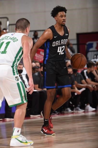 Tahj Eaddy of the Orlando Magic handles the ball against the Boston Celtics during the 2021 Las Vegas Summer League on August 12, 2021 at the Cox...