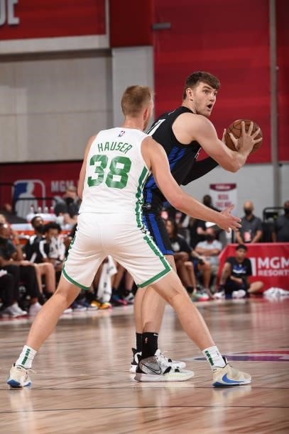 Asbjorn Midtgaard of the Orlando Magic looks to pass the ball against the Boston Celtics during the 2021 Las Vegas Summer League on August 12, 2021...