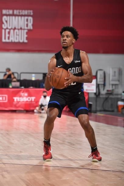 Tahj Eaddy of the Orlando Magic shoots a 3-pointer against the Boston Celtics during the 2021 Las Vegas Summer League on August 12, 2021 at the Cox...
