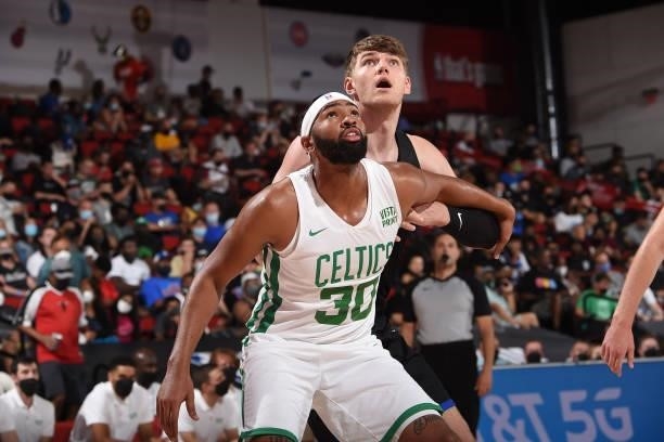 Dedric Lawson of the Boston Celtics fights for position during the game during the 2021 Las Vegas Summer League on August 12, 2021 at the Cox...