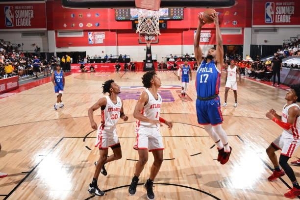 Braxton Key of the Philadelphia 76ers rebounds during the game against the Atlanta Hawks during the 2021 Las Vegas Summer League on August 12, 2021...