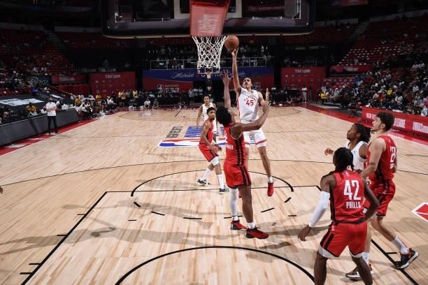 Dalano Banton of the Toronto Raptors shoots the ball against the Houston Rockets during the 2021 Las Vegas Summer League on August 12, 2021 at the...