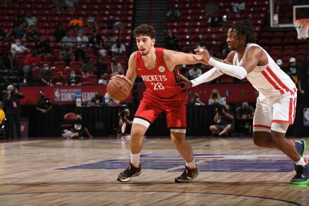 Alperen Sengun of the Houston Rockets dribbles the ball against the Toronto Raptors during the 2021 Las Vegas Summer League on August 12, 2021 at the...