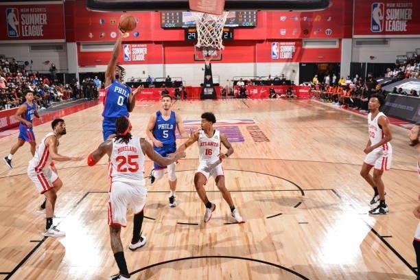 Tyrese Maxey of the Philadelphia 76ers shoots the ball during the game against the Atlanta Hawks during the 2021 Las Vegas Summer League on August...
