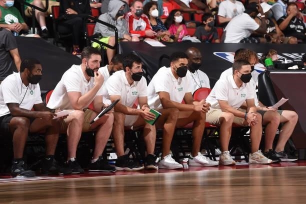 The Boston Celtics coaches look on during the 2021 Las Vegas Summer League on August 12, 2021 at the Cox Pavilion in Las Vegas, Nevada. NOTE TO USER:...