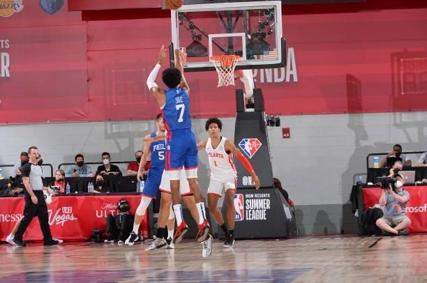 Isaiah Joe of the Philadelphia 76ers shoots the ball during the game against the Atlanta Hawks during the 2021 Las Vegas Summer League on August 12,...
