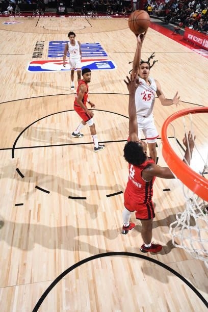Dalano Banton of the Toronto Raptors shoots the ball against the Houston Rockets during the 2021 Las Vegas Summer League on August 12, 2021 at the...