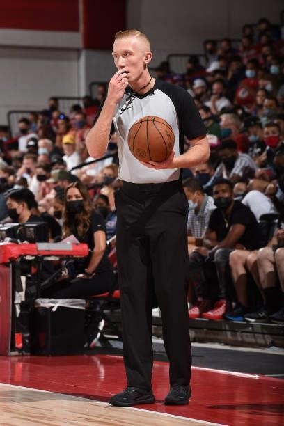 Referee, Grant Detrick looks on during the game between the Orlando Magic and the Boston Celtics during the 2021 Las Vegas Summer League on August...