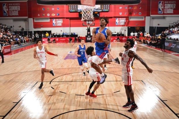 Tyrese Maxey of the Philadelphia 76ers drives to the basket during the game against the Atlanta Hawks during the 2021 Las Vegas Summer League on...