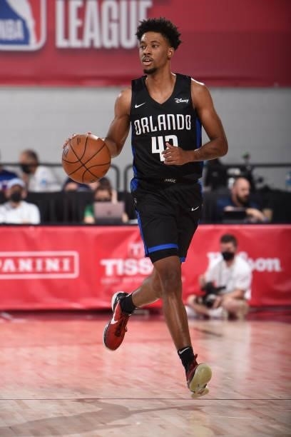 Tahj Eaddy of the Orlando Magic handles the ball against the Boston Celtics during the 2021 Las Vegas Summer League on August 12, 2021 at the Cox...