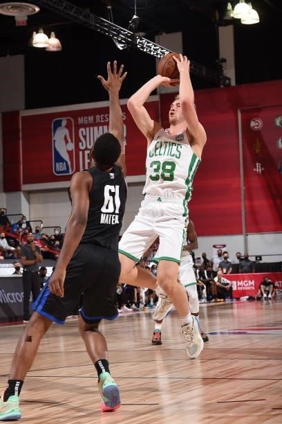 Sam Hauser of the Boston Celtics shoots the ball against the Orlando Magic during the 2021 Las Vegas Summer League on August 12, 2021 at the Cox...