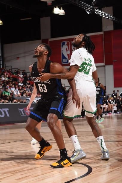 Shakur Juiston of the Orlando Magic and K.J. Lawson of the Boston Celtics fight for position during the game during the 2021 Las Vegas Summer League...