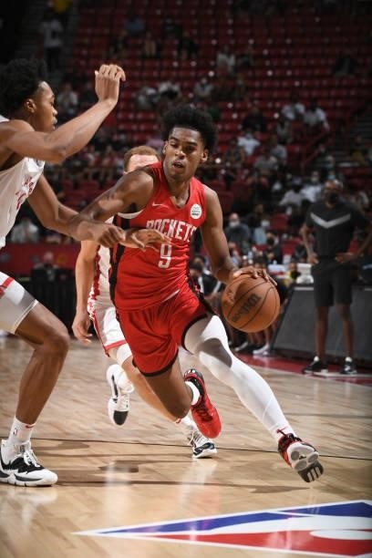 Josh Christopher of the Houston Rockets dribbles the ball against the Toronto Raptors during the 2021 Las Vegas Summer League on August 12, 2021 at...